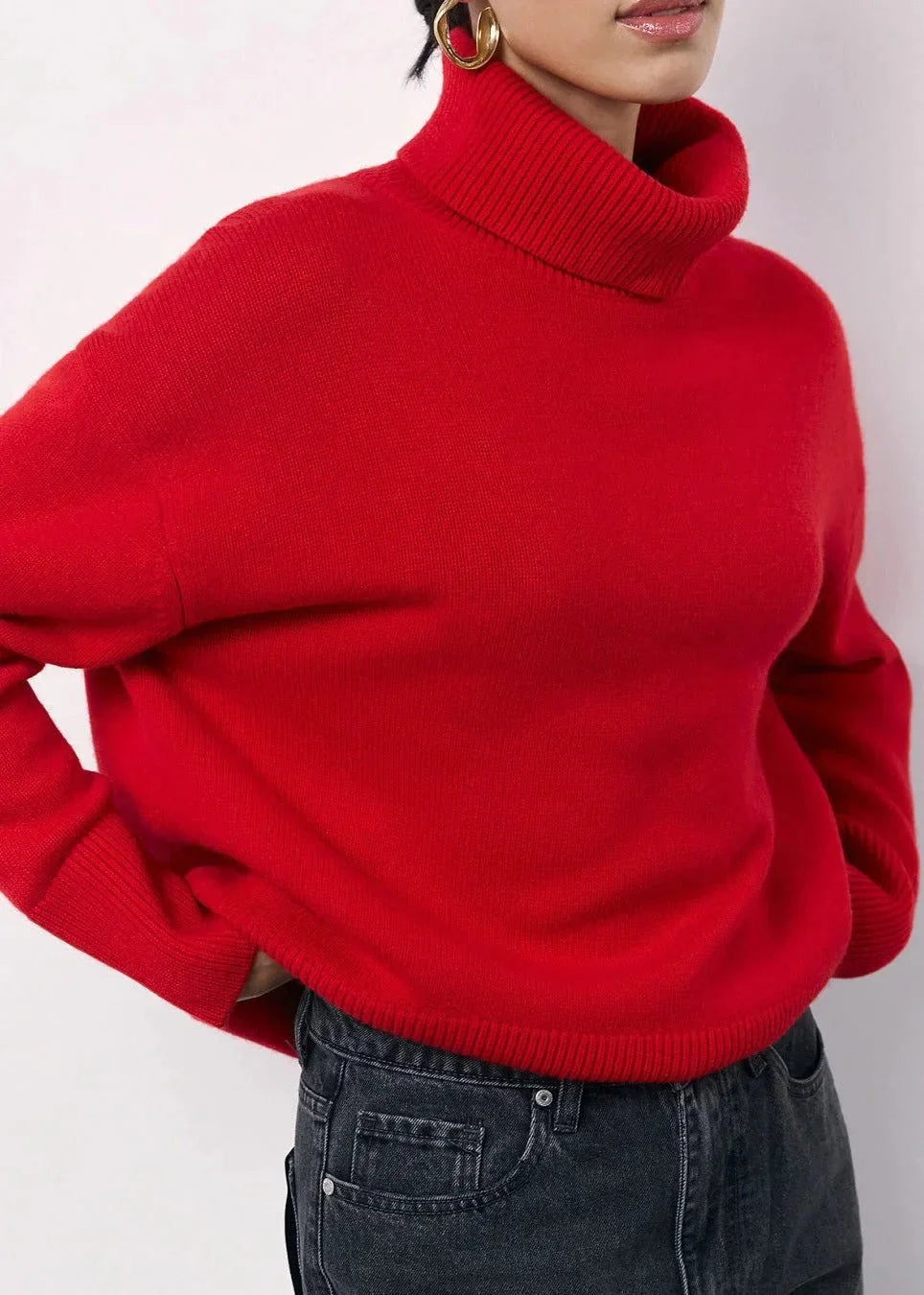 Red Sweater Women – Oversized Roll-Neck Chunky Knit