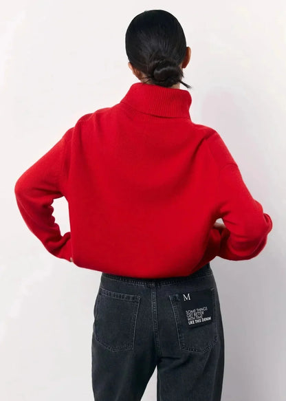 Red Sweater Women – Oversized Roll-Neck Chunky Knit