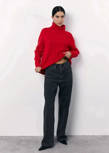 Red Sweater Women – Oversized Roll-Neck Chunky Knit