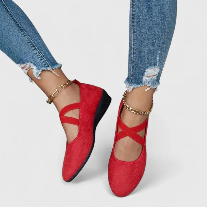 Black Ballet Flats – Cross-Strap Round Toe Comfort - Red