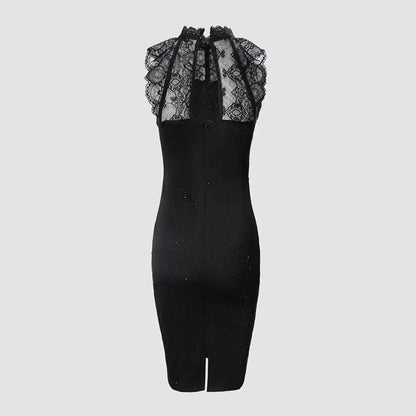 Black Cocktail Dress – Glitter Bodycon Midi with Lace Yoke