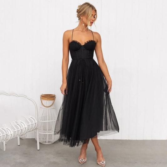 Black Corset Dress – Tulle Midi Party Dress - Black