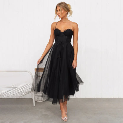 Black Corset Dress – Tulle Midi Party Dress