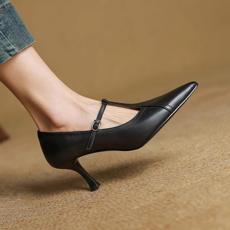 Black Kitten Heels – Pointed Toe T-Bar Strap Pumps