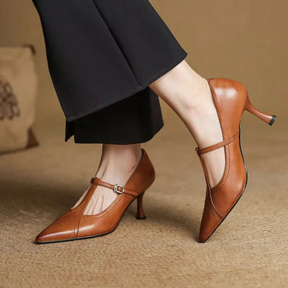Black Kitten Heels – Pointed Toe T-Bar Strap Pumps - Brown