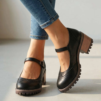 Black Mary Jane Heels – Block Heel Lug Sole Strap Pumps - Black