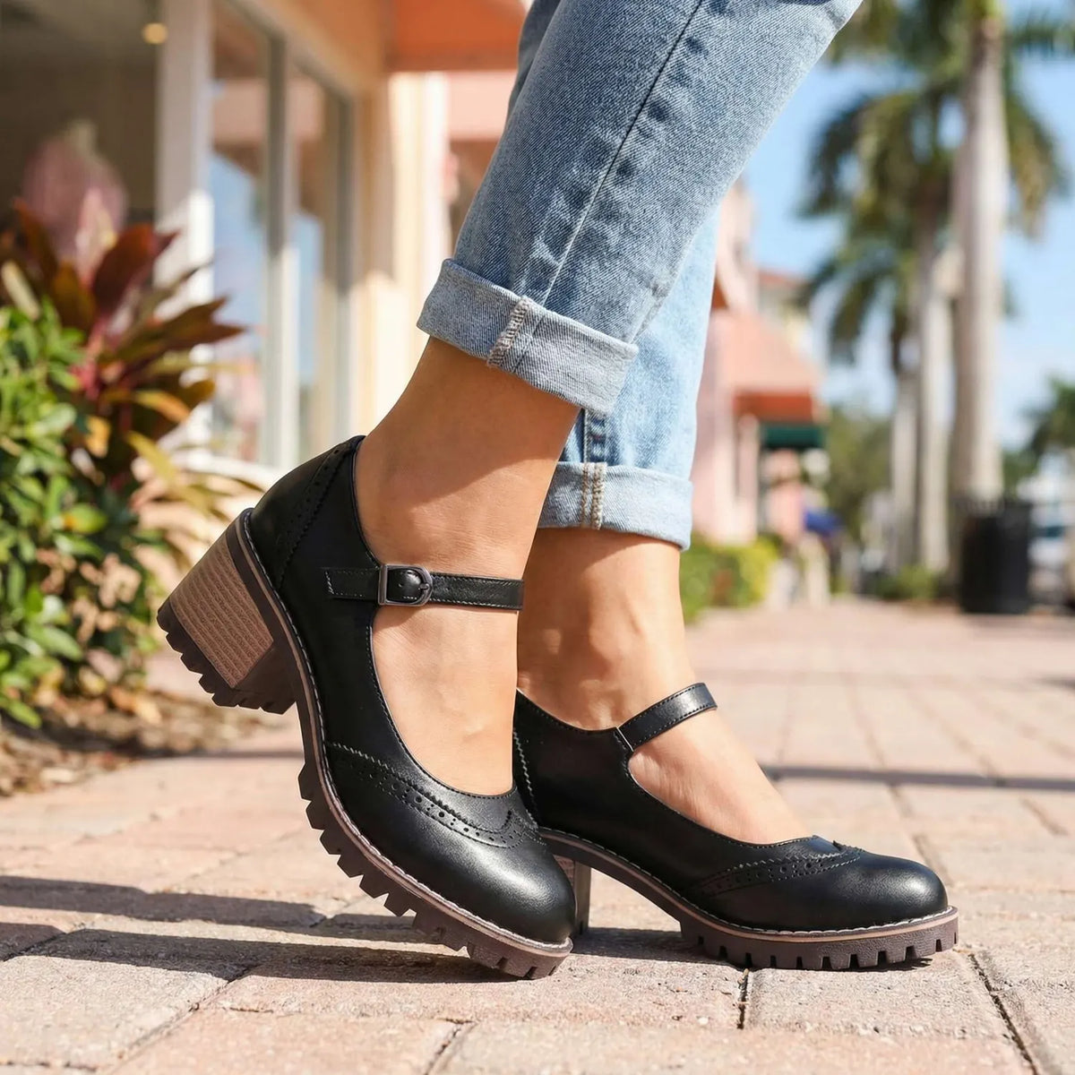 Black Mary Jane Heels – Block Heel Lug Sole Strap Pumps