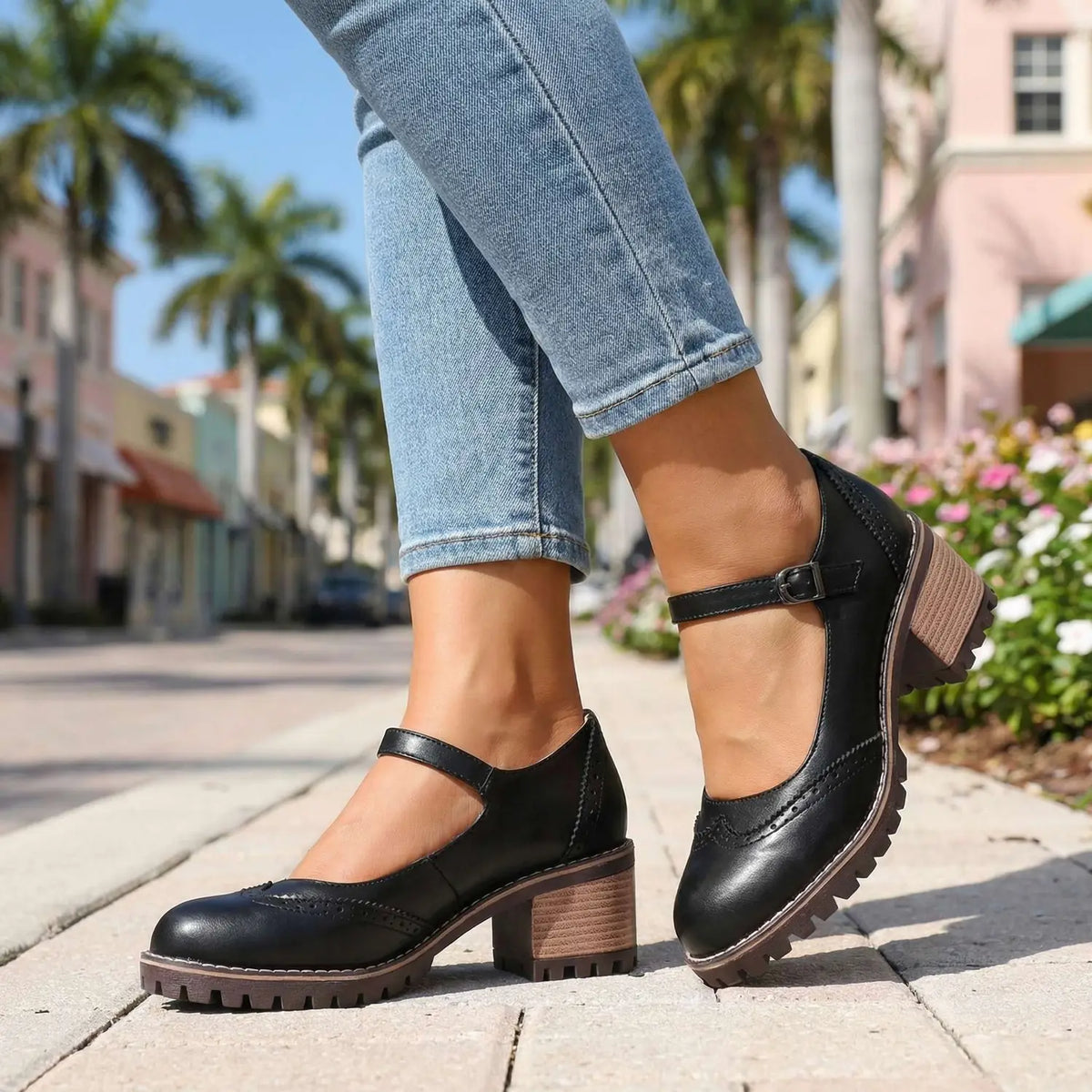 Black Mary Jane Heels – Block Heel Lug Sole Strap Pumps