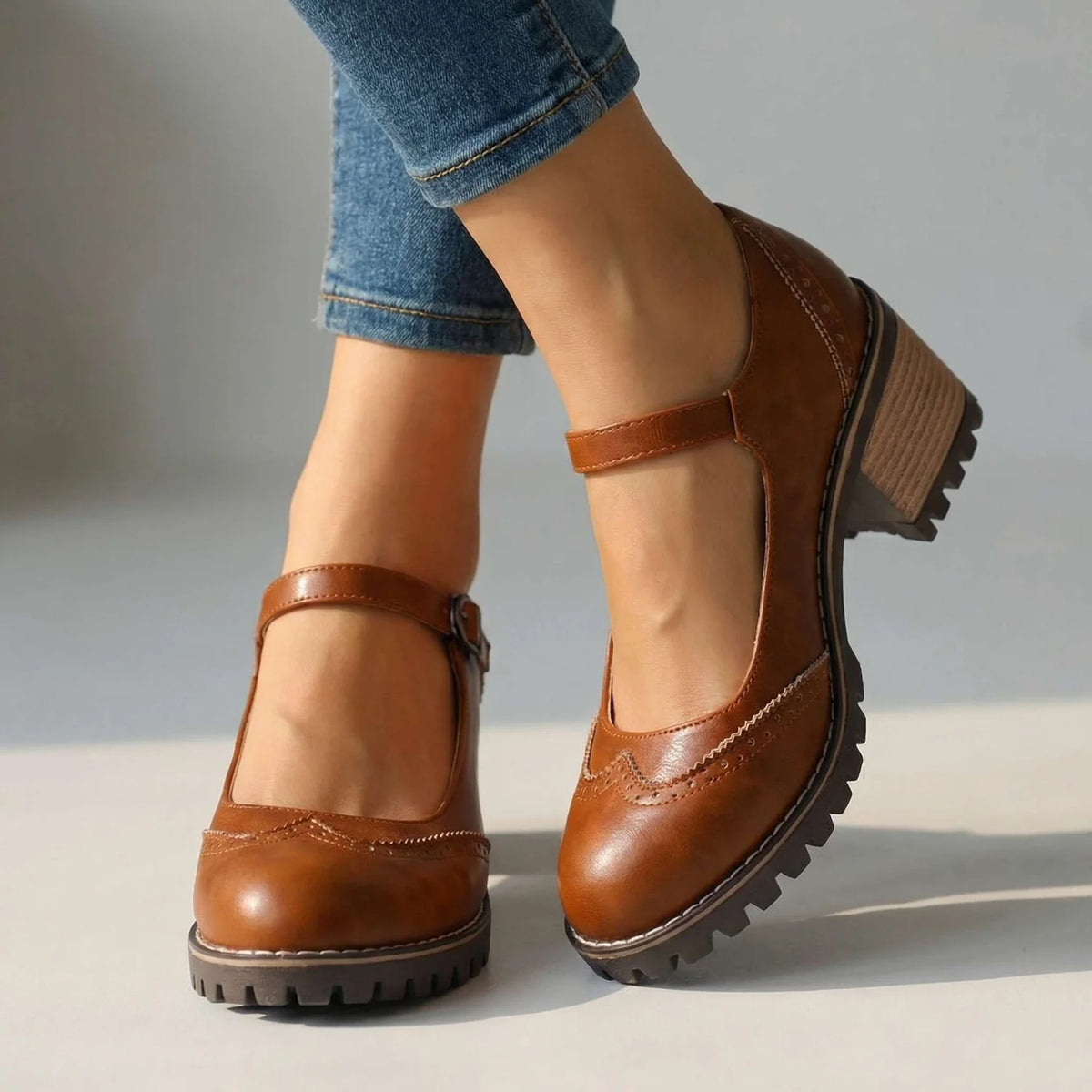 Black Mary Jane Heels – Block Heel Lug Sole Strap Pumps - Brown
