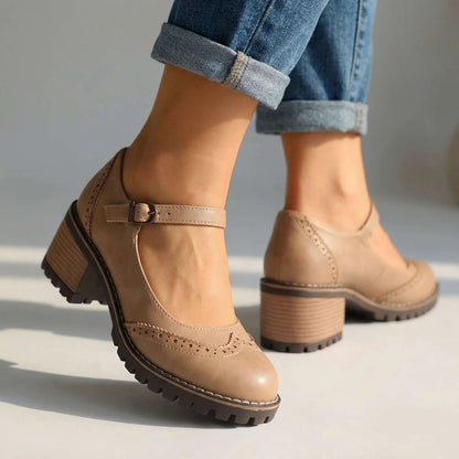 Black Mary Jane Heels – Block Heel Lug Sole Strap Pumps - Khaki