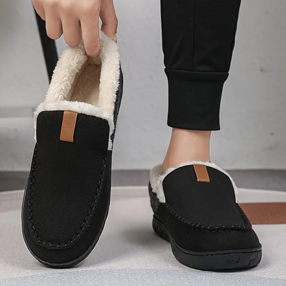 Black Men's Slippers – Fleece-Lined Suede-Look Moccasin - Black