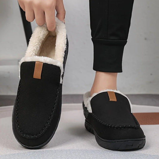 Black Men's Slippers – Fleece-Lined Suede-Look Moccasin - Black