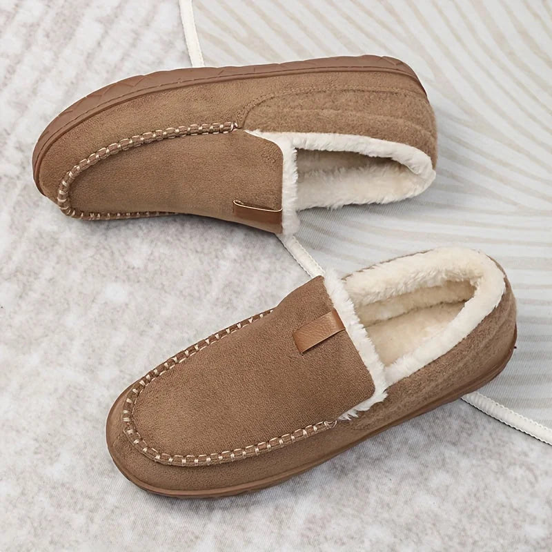Black Men's Slippers – Fleece-Lined Suede-Look Moccasin - Camel