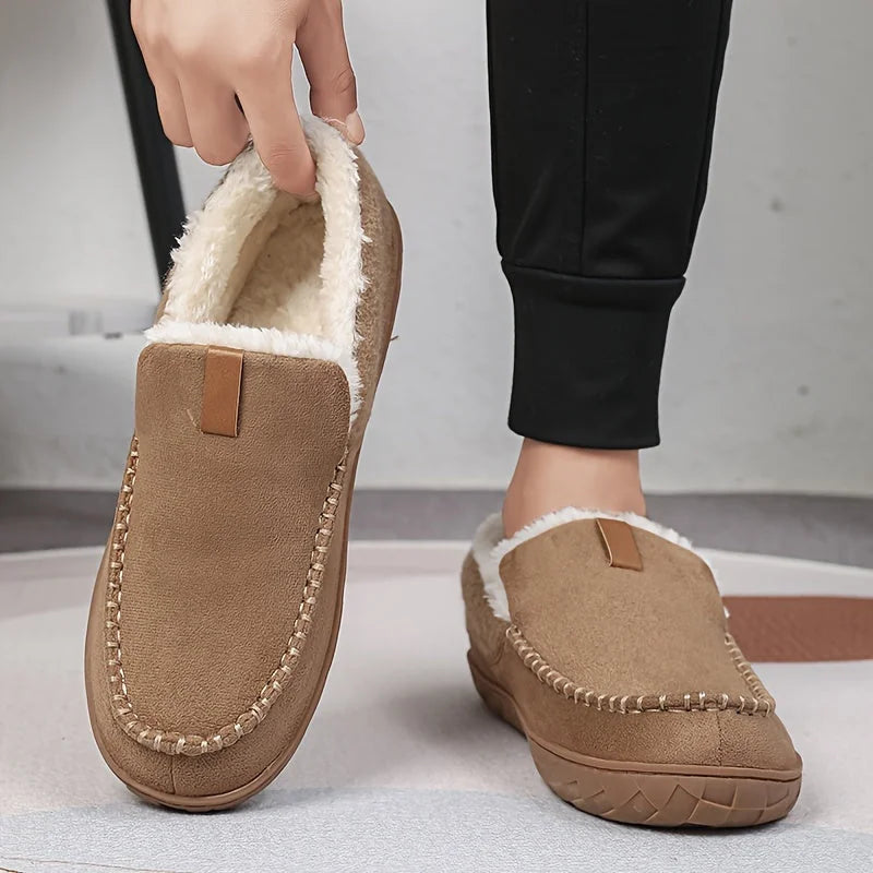 Black Men's Slippers – Fleece-Lined Suede-Look Moccasin