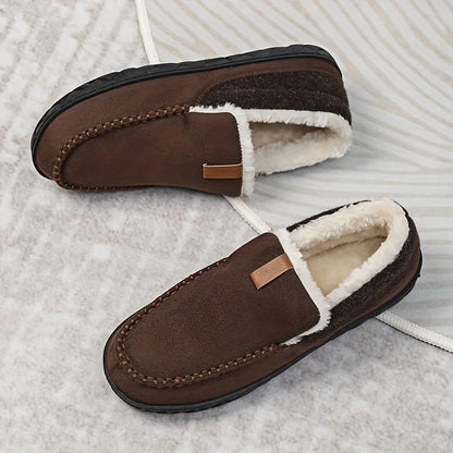 Black Men's Slippers – Fleece-Lined Suede-Look Moccasin - Coffee