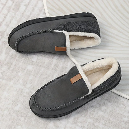 Black Men's Slippers – Fleece-Lined Suede-Look Moccasin - Grey