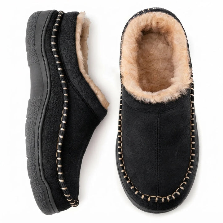 Black Moccasin Slippers for Men – Fleece-Lined Suede Clog - Black