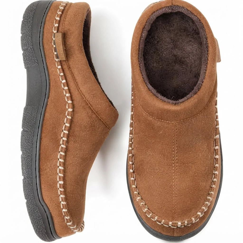 Black Moccasin Slippers for Men – Fleece-Lined Suede Clog - Brown