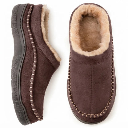 Black Moccasin Slippers for Men – Fleece-Lined Suede Clog - Dark Brown