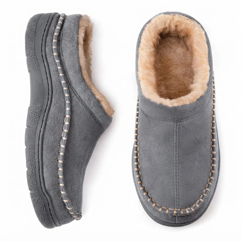 Black Moccasin Slippers for Men – Fleece-Lined Suede Clog - Grey