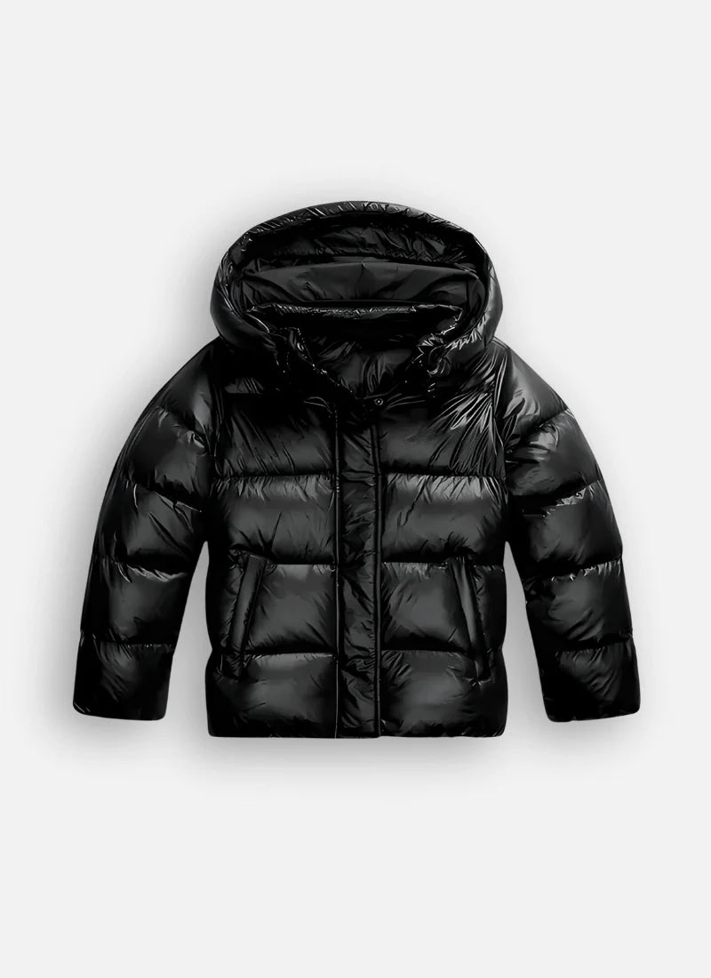 Black Puffer Jacket Women – Glossy Cropped Hooded Winter - Black
