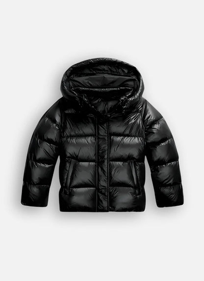 Black Puffer Jacket Women – Glossy Cropped Hooded Winter - Black