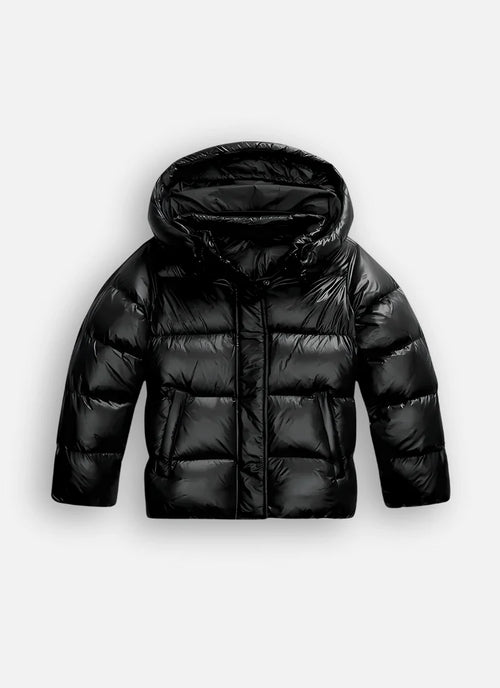 Black Puffer Jacket Women – Glossy Cropped Hooded Winter