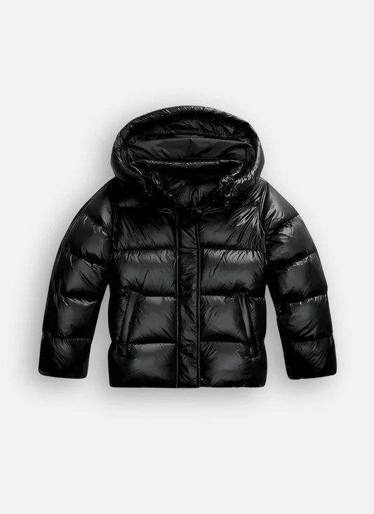Black Puffer Jacket Women – Glossy Cropped Hooded Winter - Black