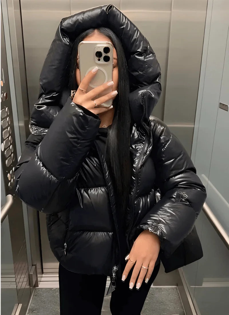 Black Puffer Jacket Women – Glossy Cropped Hooded Winter