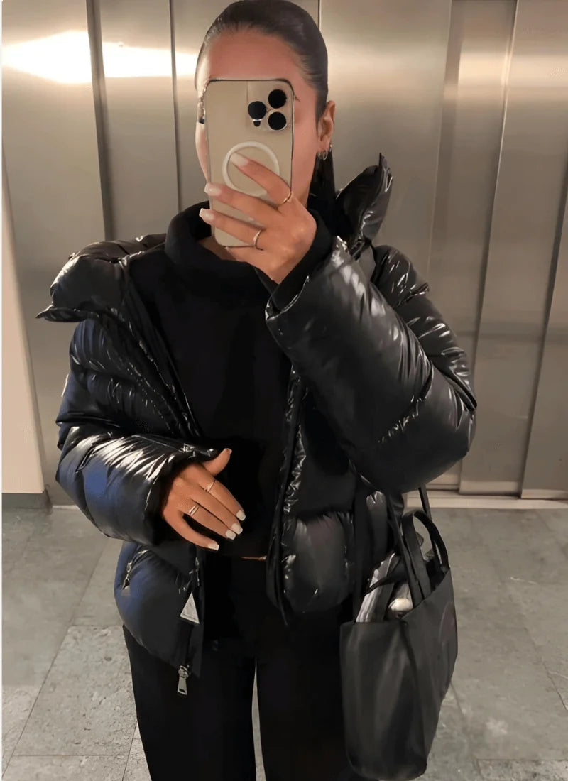 Black Puffer Jacket Women – Glossy Cropped Hooded Winter
