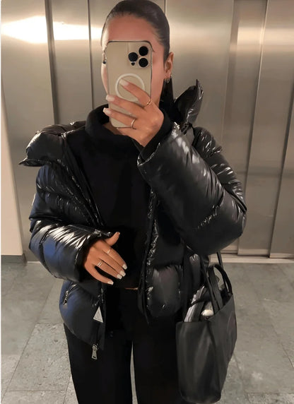 Black Puffer Jacket Women – Glossy Cropped Hooded Winter