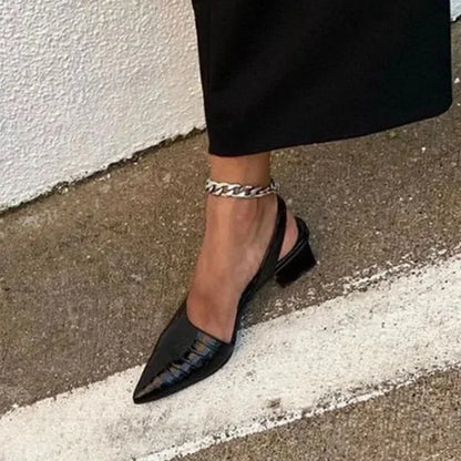 Black Pumps – Pointed Toe Croc-Effect Slingback Block Heel