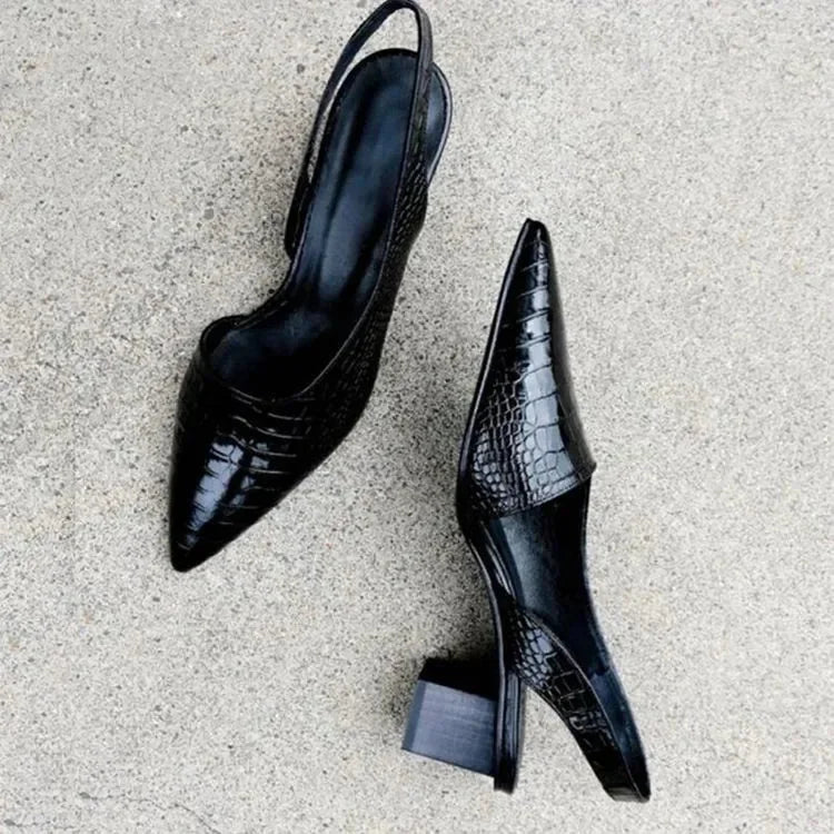 Black Pumps – Pointed Toe Croc-Effect Slingback Block Heel