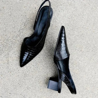 Black Pumps – Pointed Toe Croc-Effect Slingback Block Heel