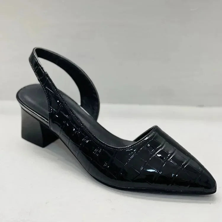 Black Pumps – Pointed Toe Croc-Effect Slingback Block Heel