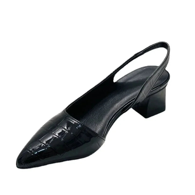 Black Pumps – Pointed Toe Croc-Effect Slingback Block Heel