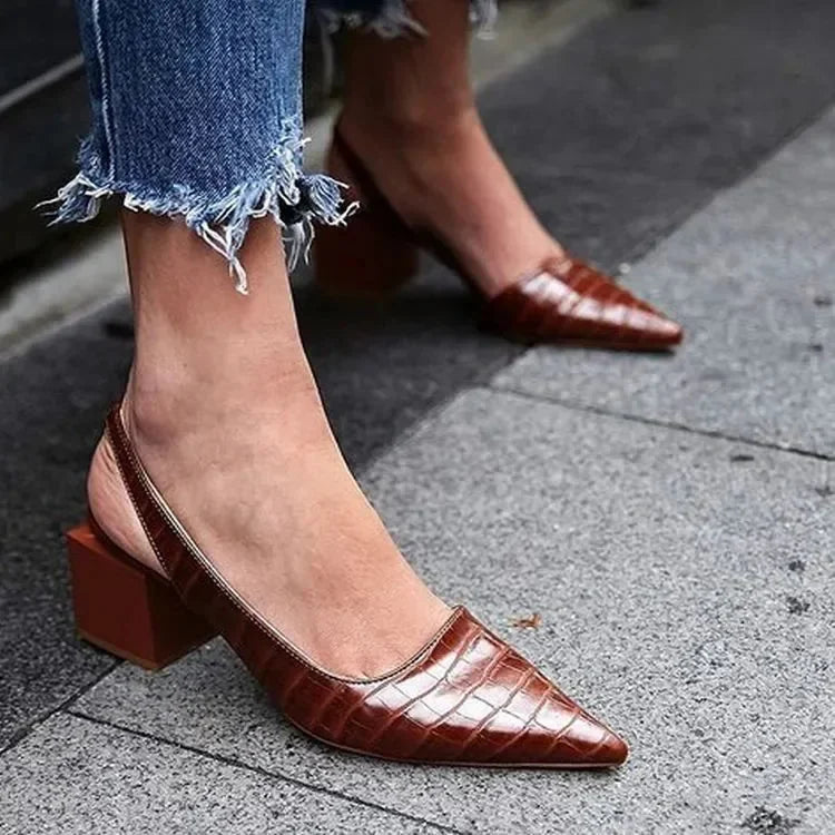Black Pumps – Pointed Toe Croc-Effect Slingback Block Heel