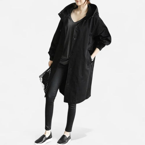 Black Rain Coat Women – Hooded Water-Repellent Longline Trench