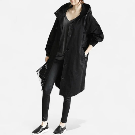 Black Rain Coat Women – Hooded Water-Repellent Longline Trench - Black