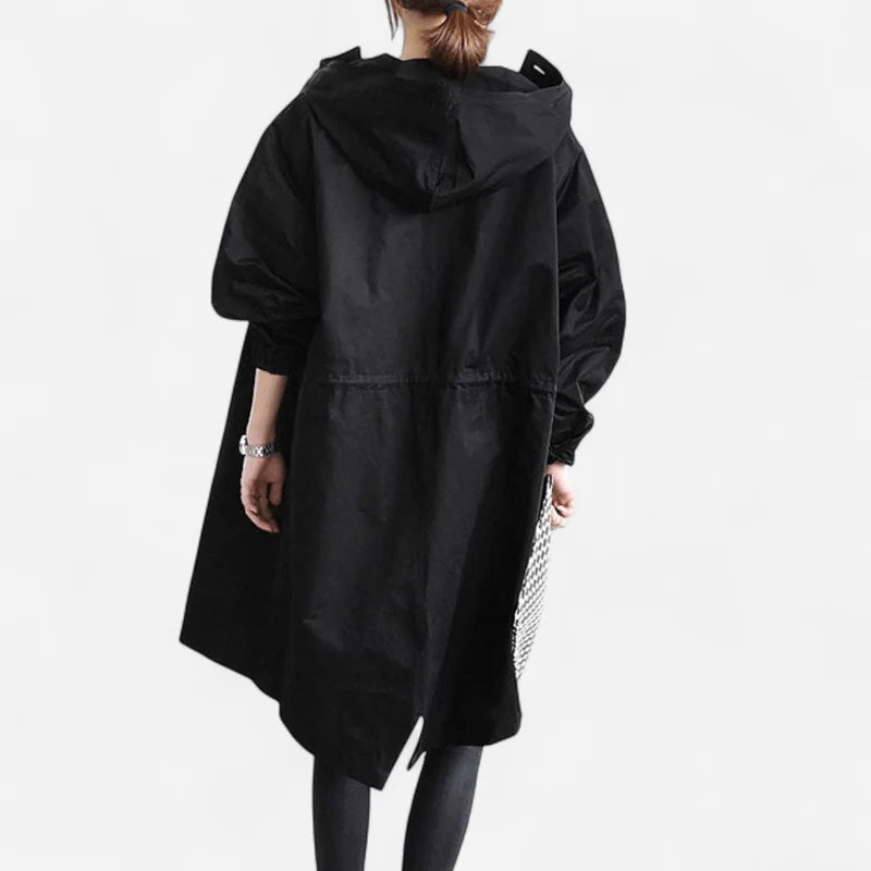 Black Rain Coat Women – Hooded Water-Repellent Longline Trench