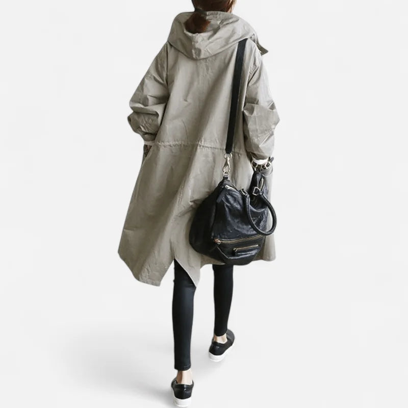 Black Rain Coat Women – Hooded Water-Repellent Longline Trench