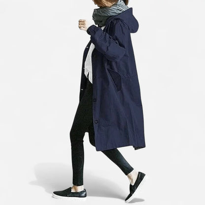 Black Rain Coat Women – Hooded Water-Repellent Longline Trench - Navy