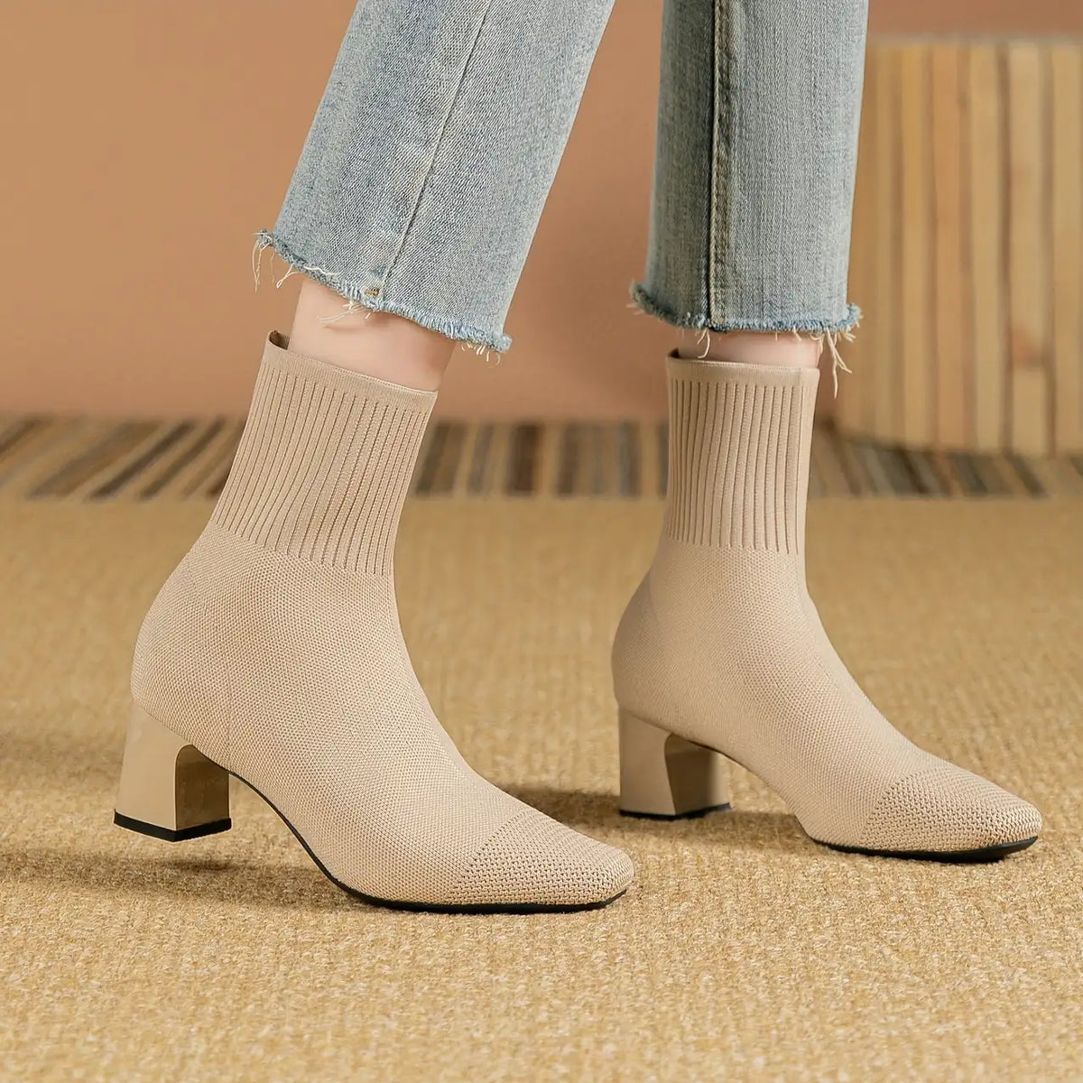 Black Sock Boots – Stretch Knit Block Heel Ankle - Beige