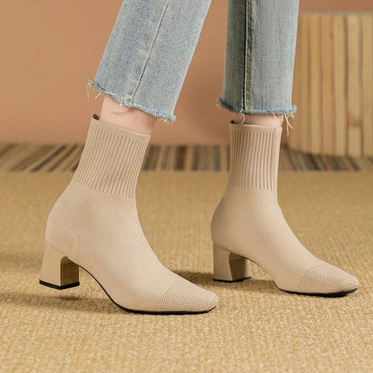 Black Sock Boots – Stretch Knit Block Heel Ankle - Beige