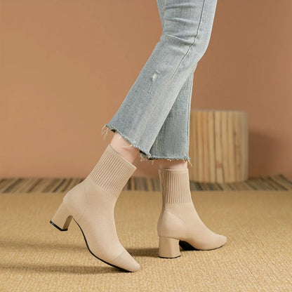 Black Sock Boots – Stretch Knit Block Heel Ankle