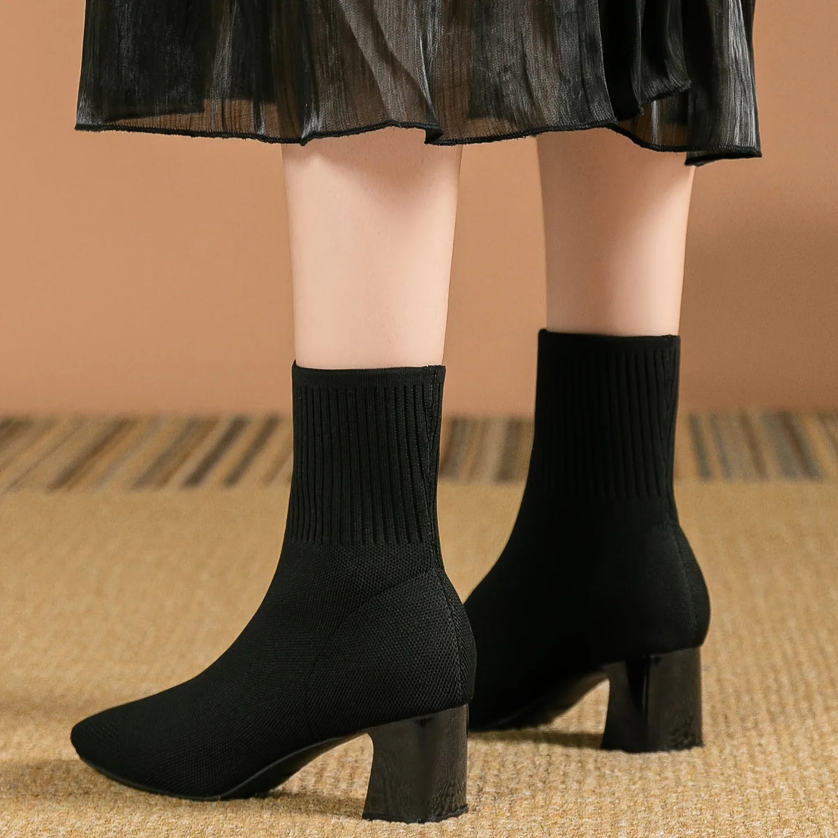 Black Sock Boots – Stretch Knit Block Heel Ankle - Black