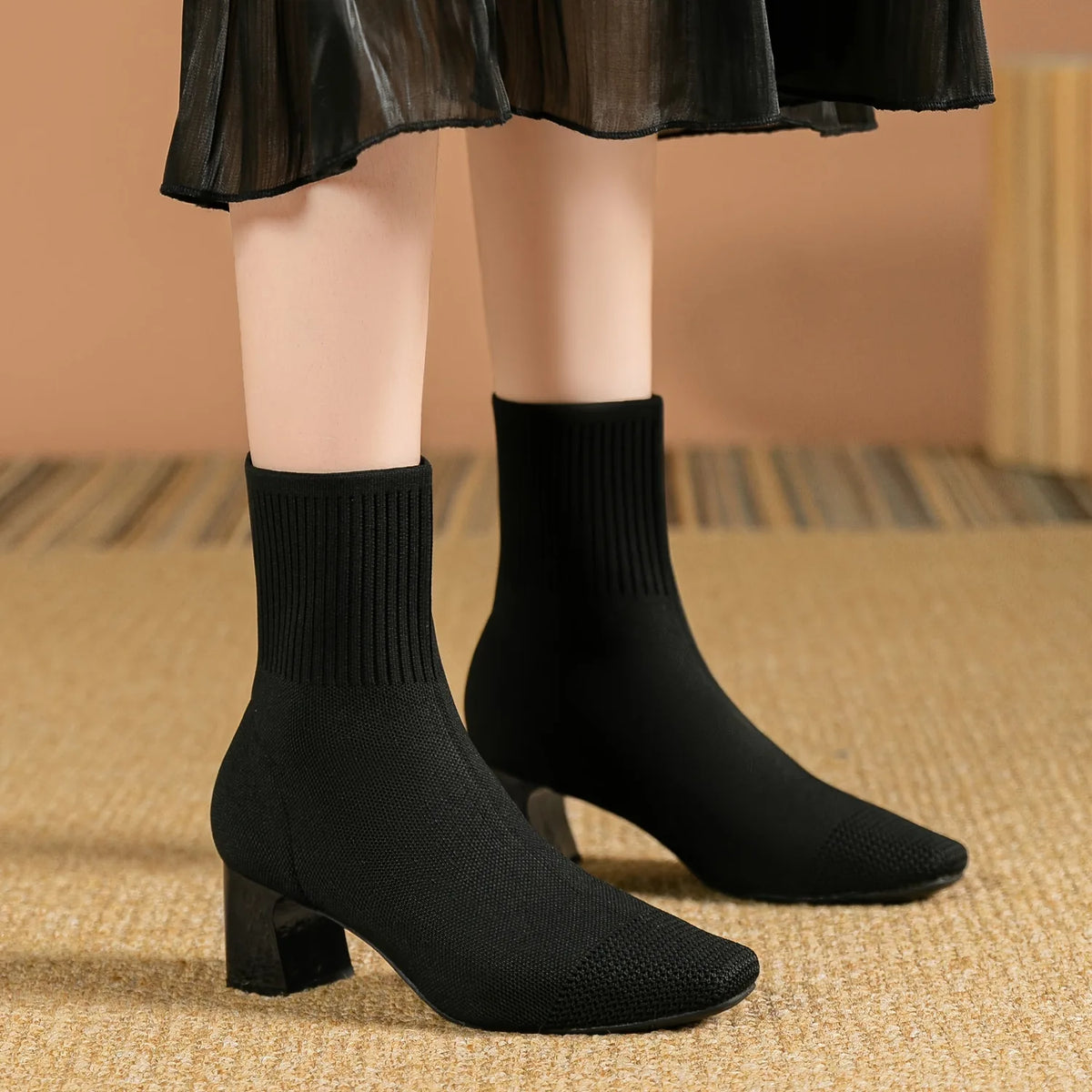 Black Sock Boots – Stretch Knit Block Heel Ankle