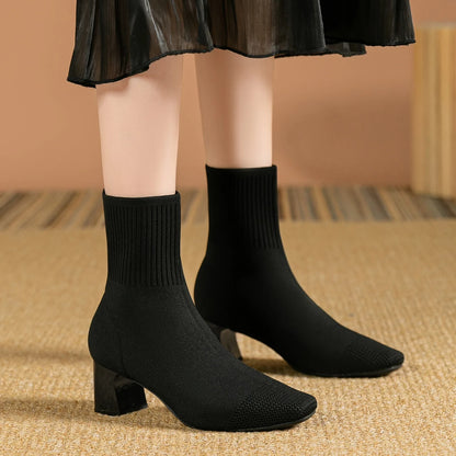 Black Sock Boots – Stretch Knit Block Heel Ankle