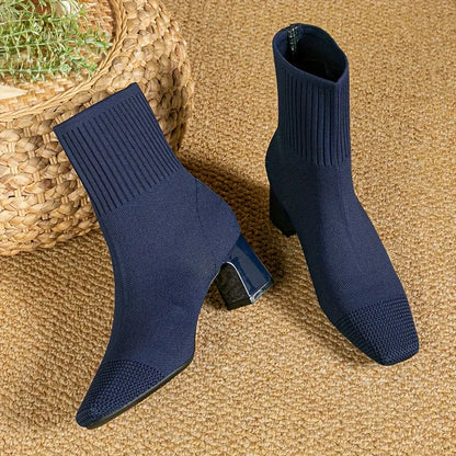 Black Sock Boots – Stretch Knit Block Heel Ankle - Navy