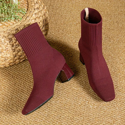 Black Sock Boots – Stretch Knit Block Heel Ankle - Red